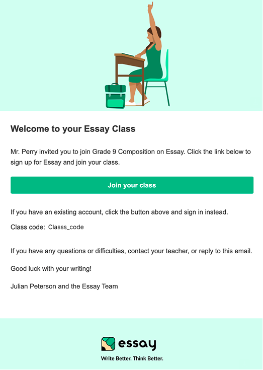 An email titled Welcome to your Essay Class with a green Join your class button