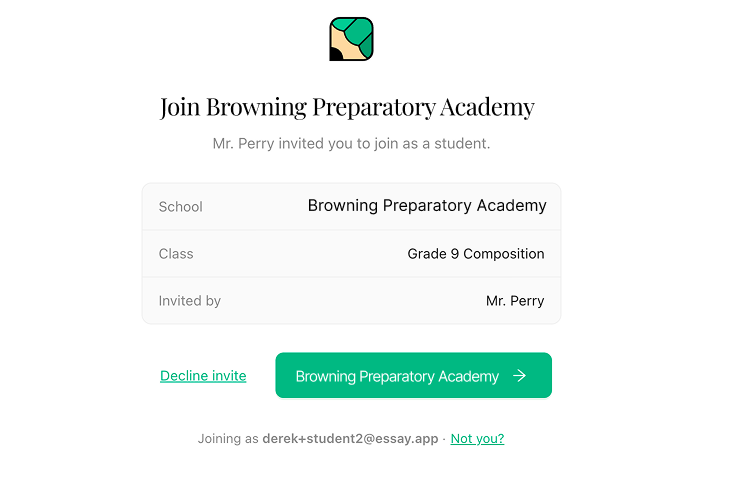 The invitation screen showing the school, class and teacher, with a Decline invite link and a green button to join