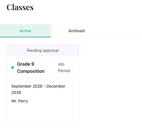 A class card on the Classes page marked Pending approval