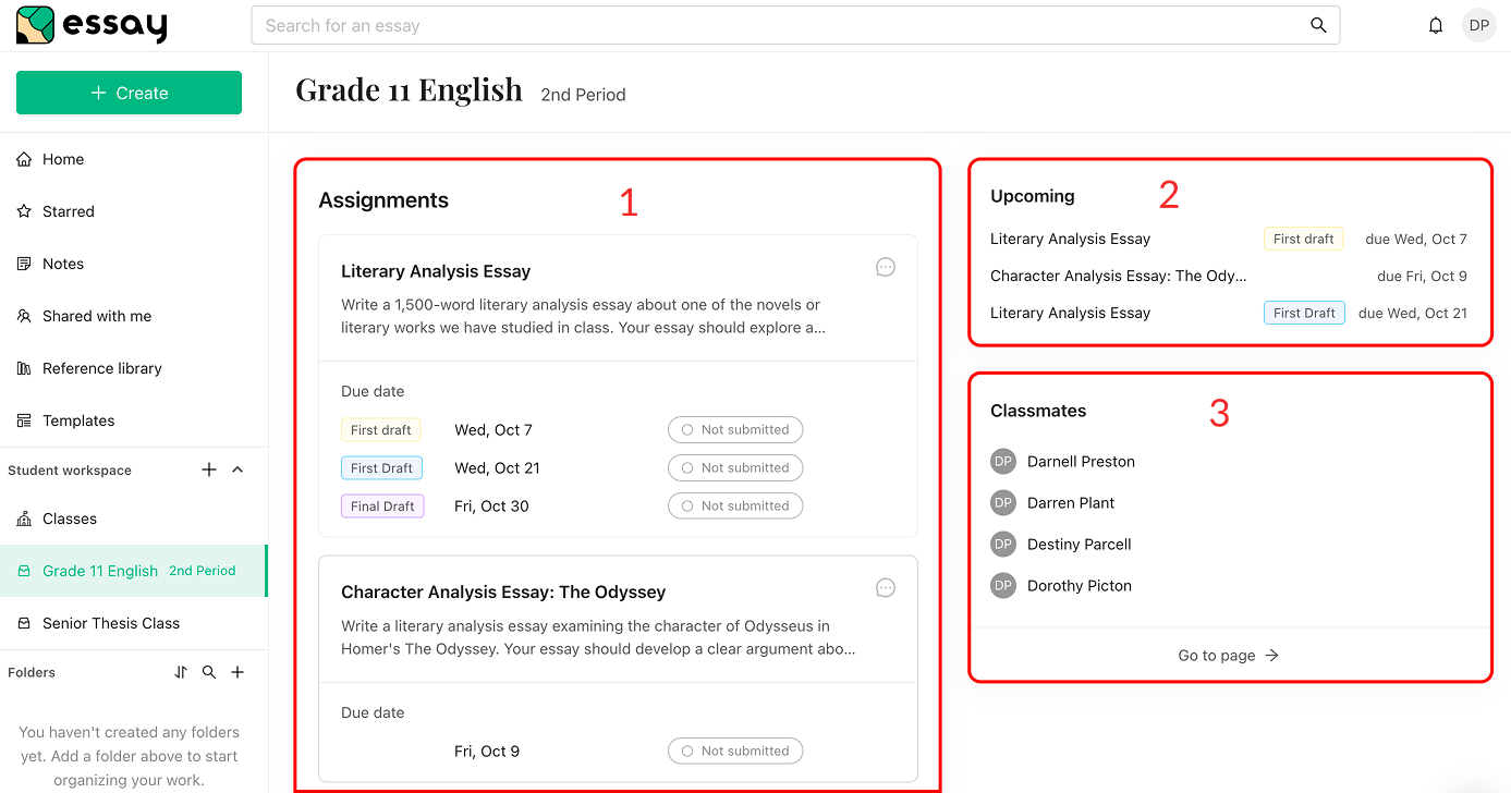 A class page with three numbered areas: Assignments, Upcoming and Classmates
