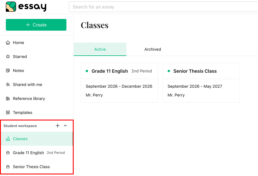 The Student workspace section of the left navigation panel, with Classes and two class names listed, beside the Classes page