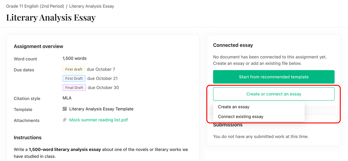 The Create or connect an essay menu open, showing Create an essay and Connect existing essay