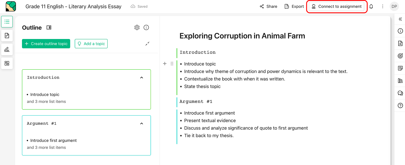 An essay open in the workspace with the Connect to assignment button highlighted at the top right