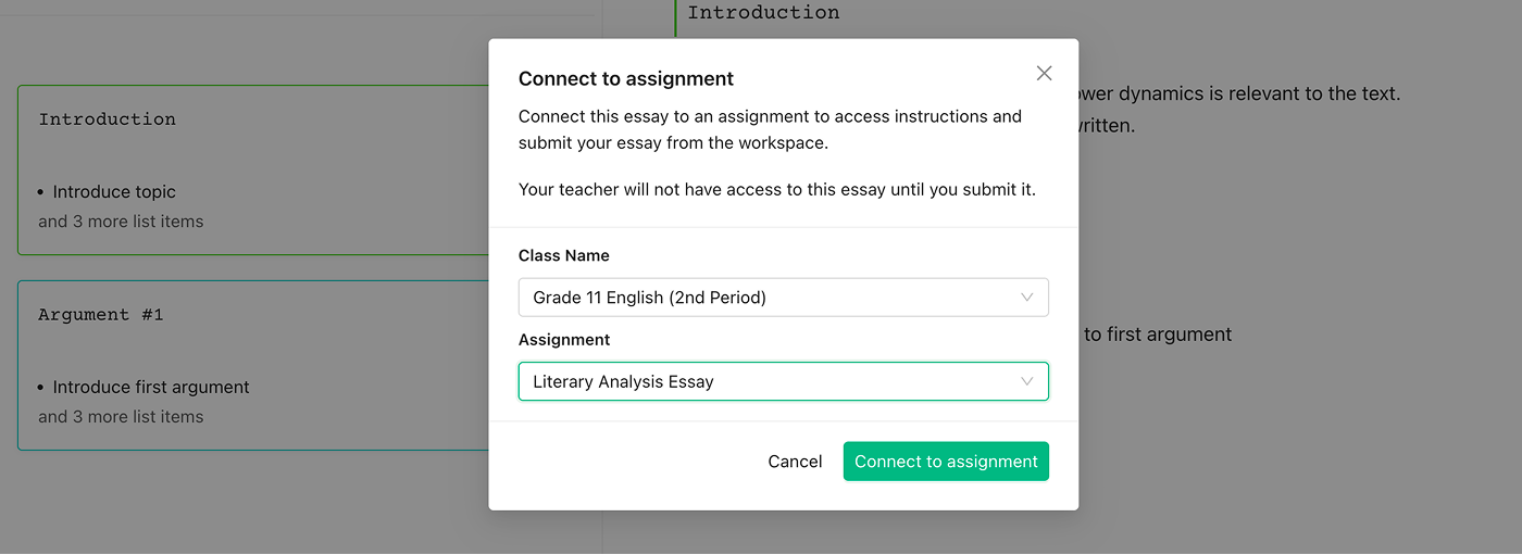 The Connect to assignment dialog with Class Name and Assignment dropdowns