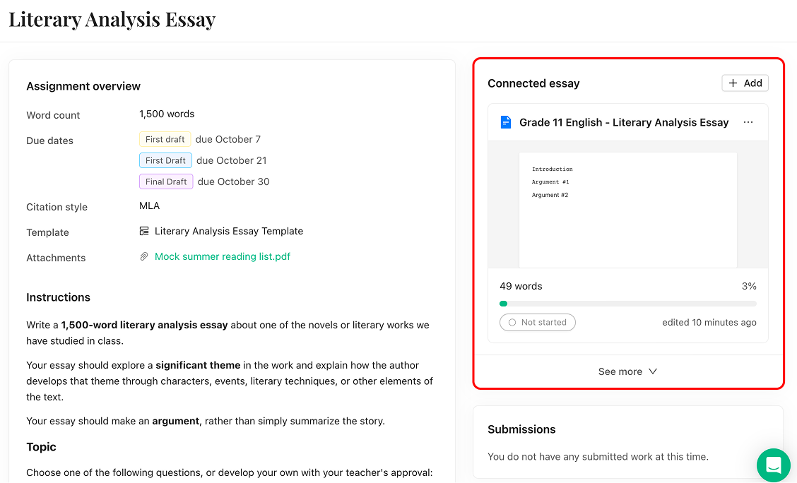 The Connected essay area of an assignment page showing an essay preview, its word count and a progress bar