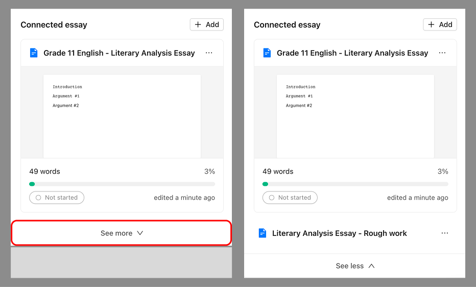 The Connected essay area before and after clicking See more, revealing a second connected essay