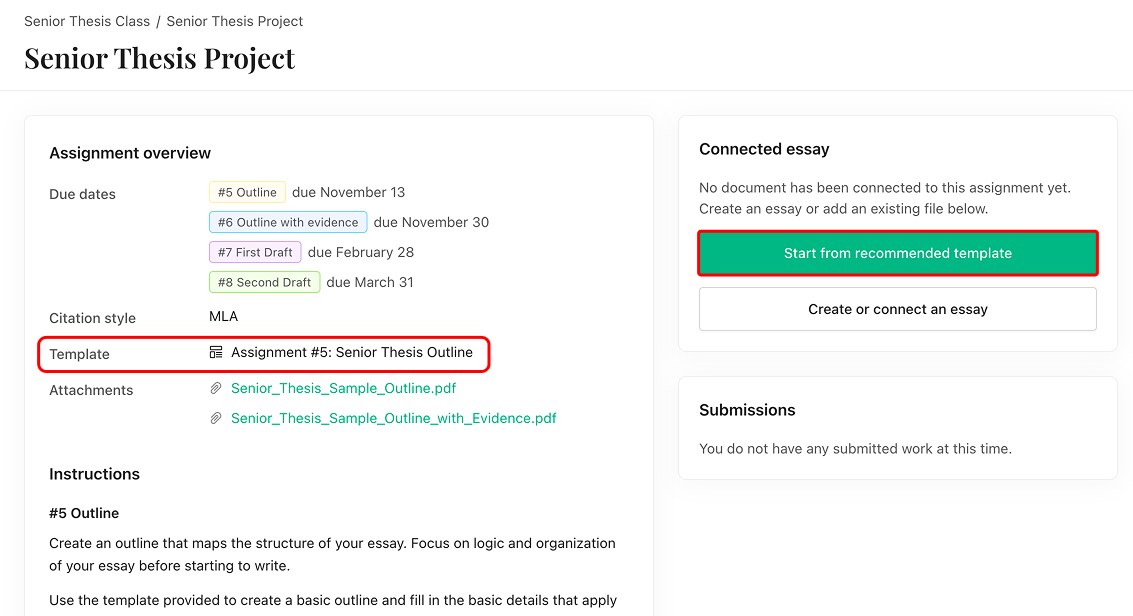 An assignment page with the Template line in the overview and the Start from recommended template button highlighted