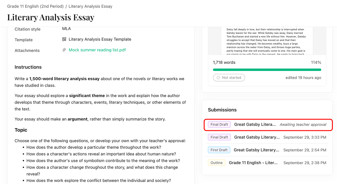 The Submissions area of an assignment page with a new Final Draft marked Awaiting teacher approval
