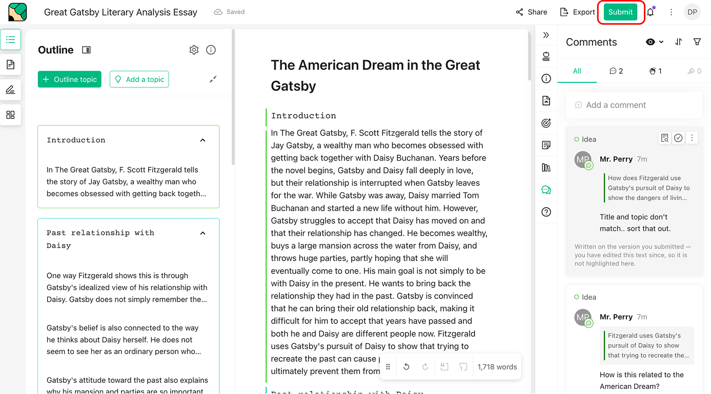 An essay open in the workspace with the green Submit button highlighted at the top right