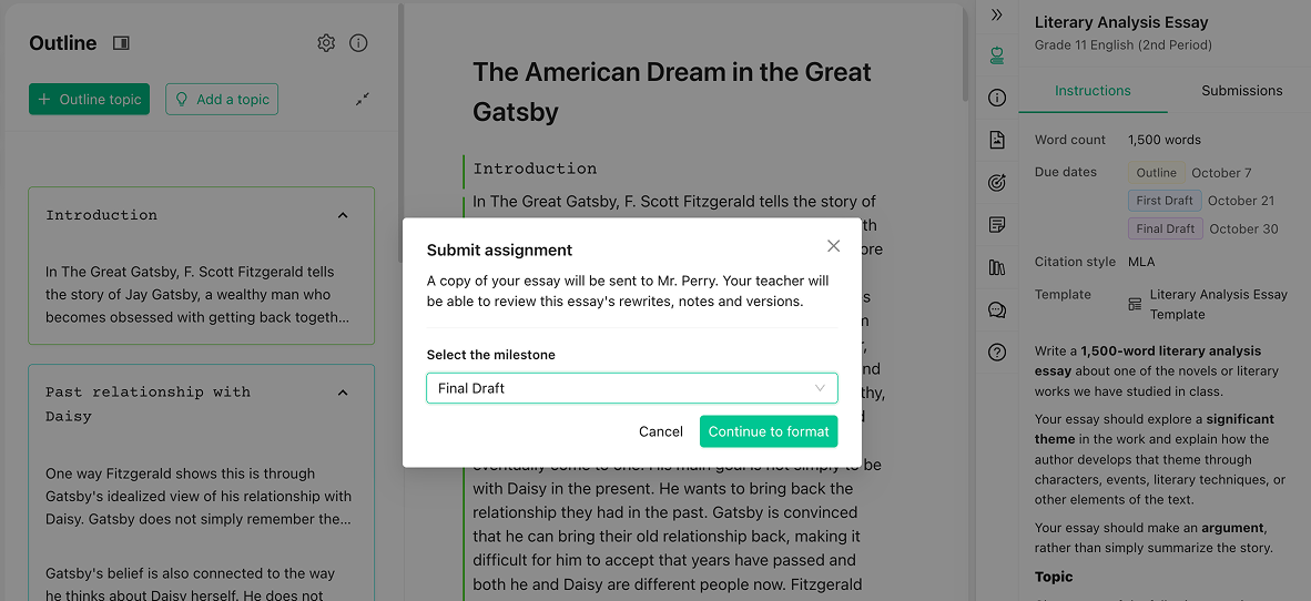 The Submit assignment dialog with a Select the milestone dropdown set to Final Draft and a Continue to format button
