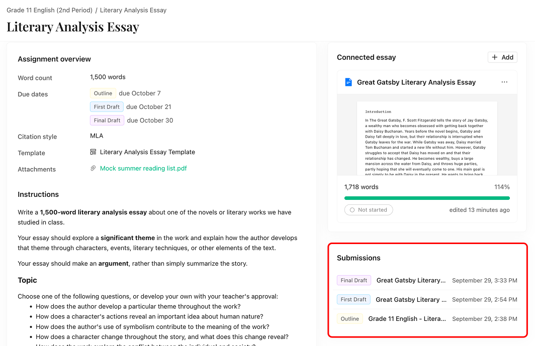 The Submissions area of an assignment page listing a Final Draft, First Draft and Outline