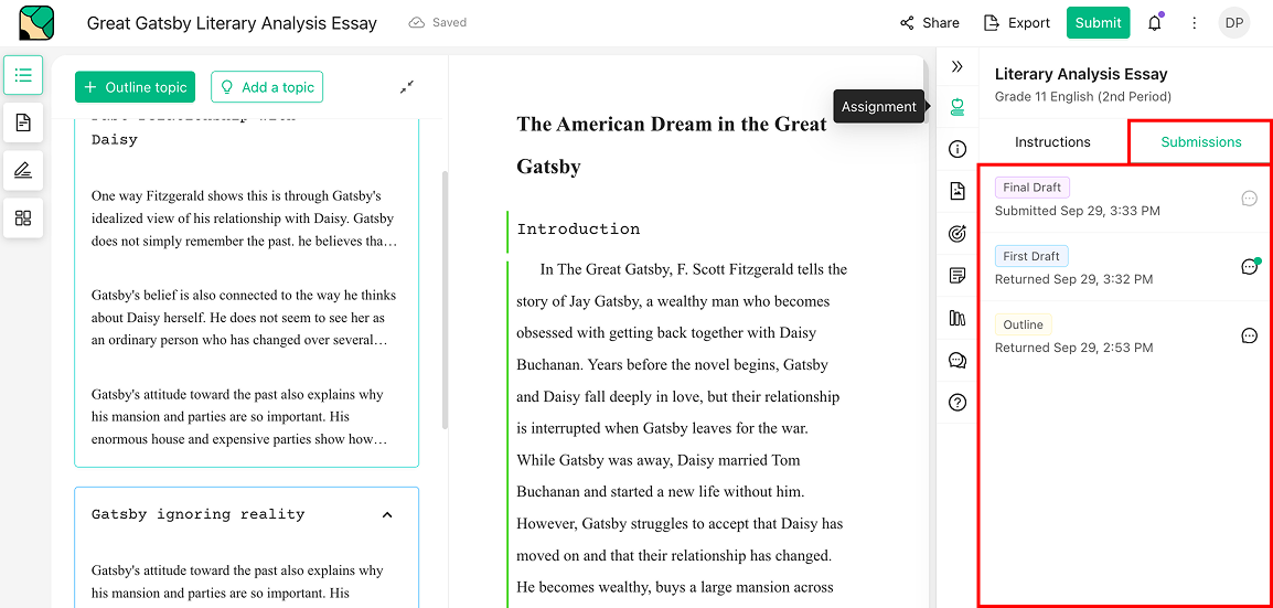 The Submissions tab of the assignment panel listing a submitted Final Draft and returned First Draft and Outline, each with a comment icon