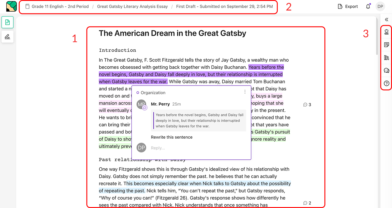 The submission viewer with three numbered areas: the essay with a teacher comment open, the breadcrumb trail at the top, and the right toolbar