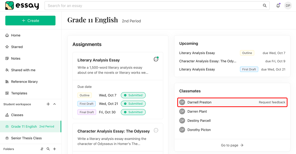 The Classmates area of a class page with Request feedback showing beside a classmate's name