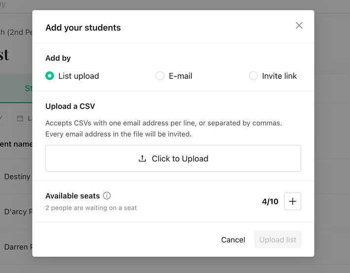 The Add your students dialog set to List upload, with a Click to Upload area for a CSV