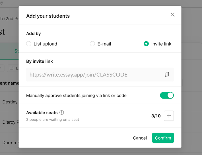 The Add your students dialog set to Invite link, showing the link, a copy button and the manual approval switch