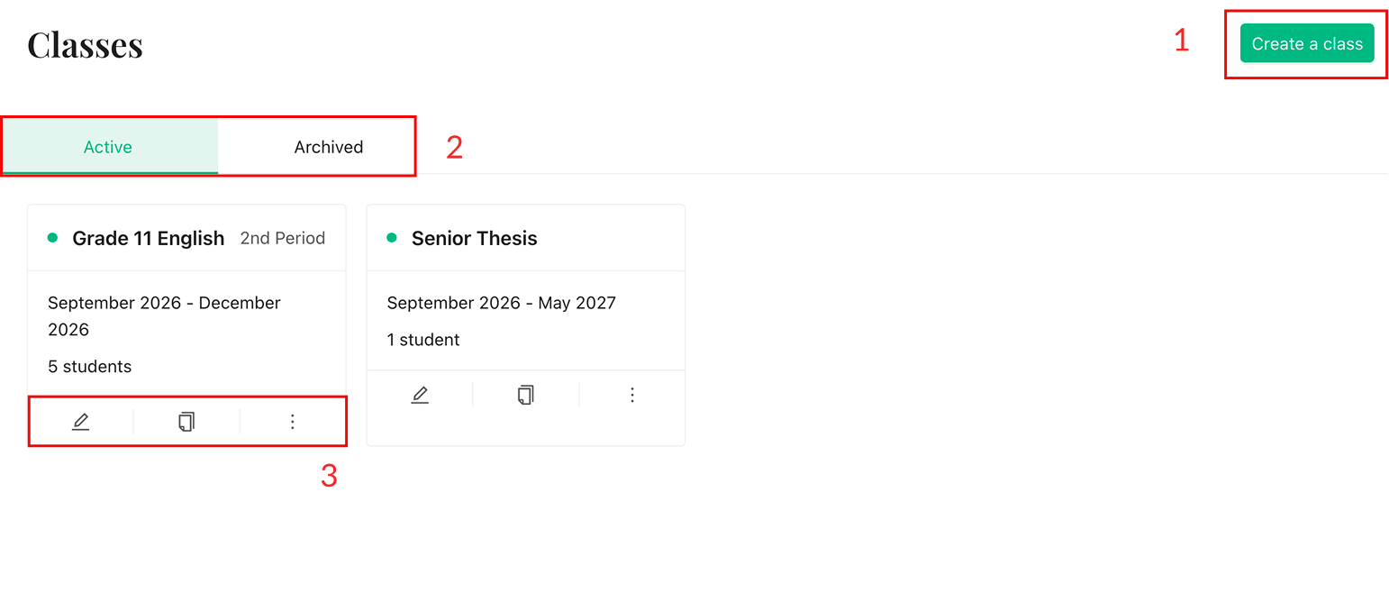 The Classes page showing class cards, the Create a class button, and the Active and Archived tabs