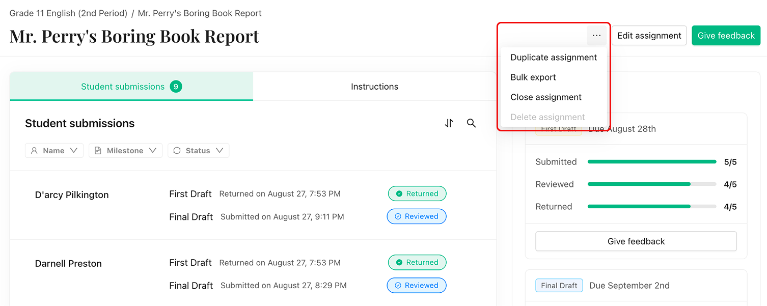 The assignment three dot menu open, showing Duplicate assignment, Bulk export, Close assignment and Delete assignment
