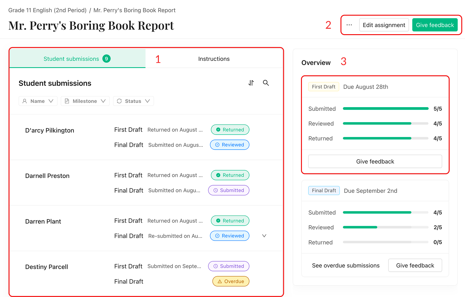 An assignment page showing the student submissions table, the action buttons and the overview panel