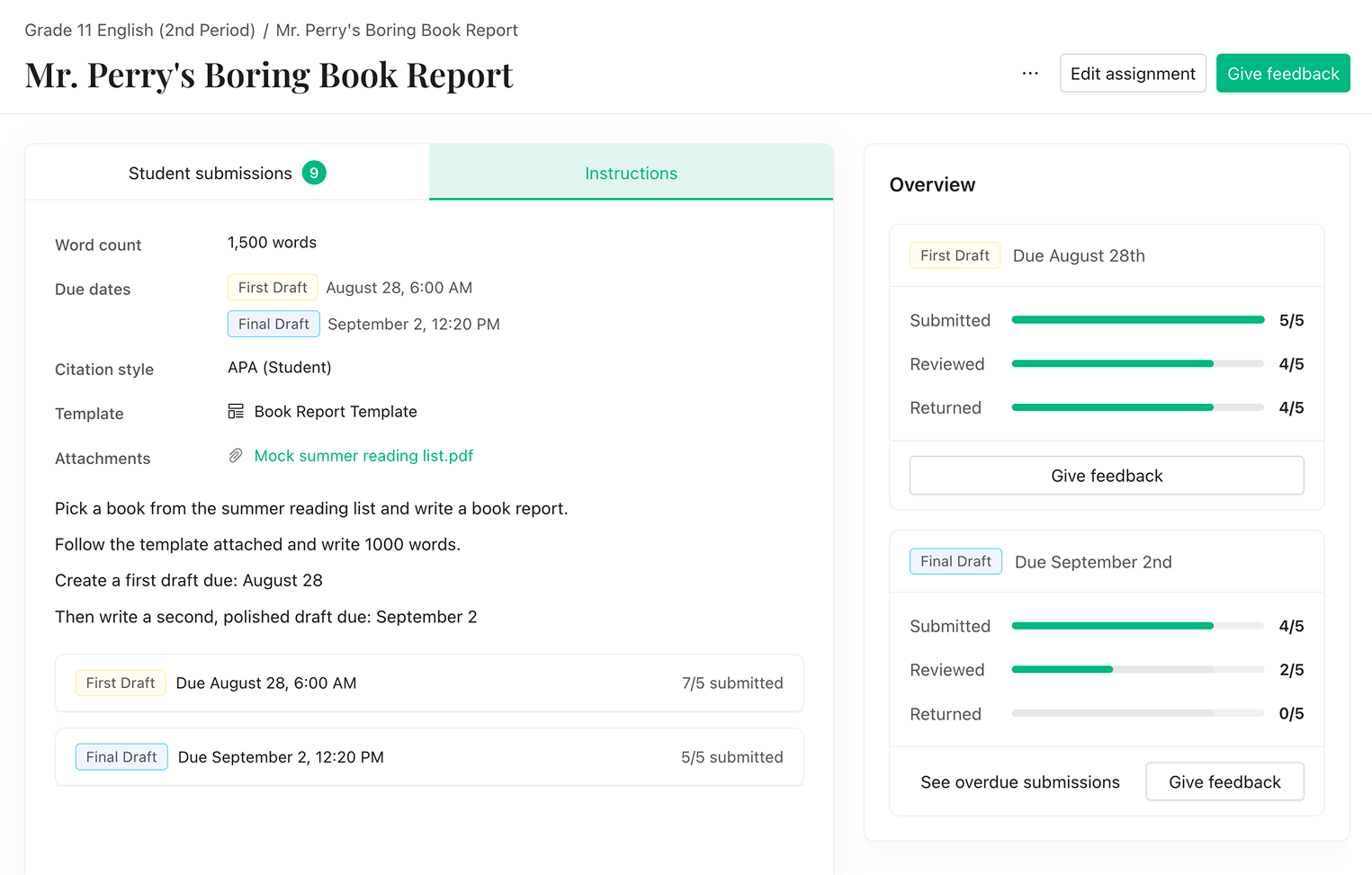 The Instructions tab of the assignment page, showing word count, due dates, citation style, template and attachments