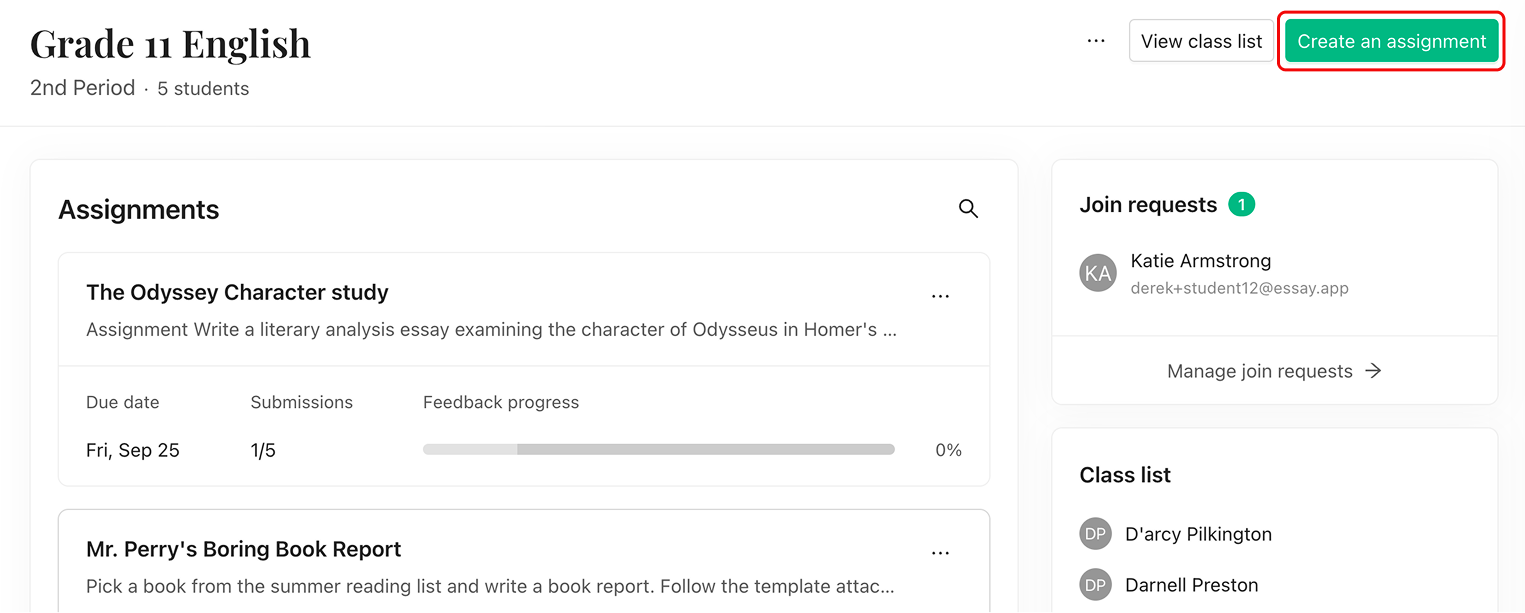 A class page with the Create an assignment button highlighted at the top right