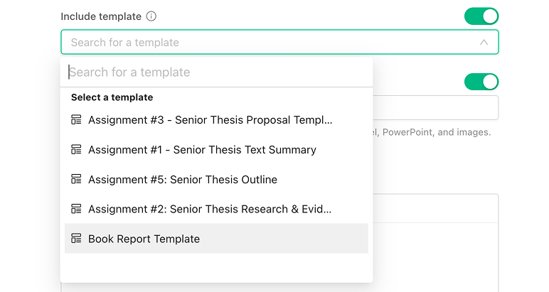 The Include template switch turned on, with the template picker open