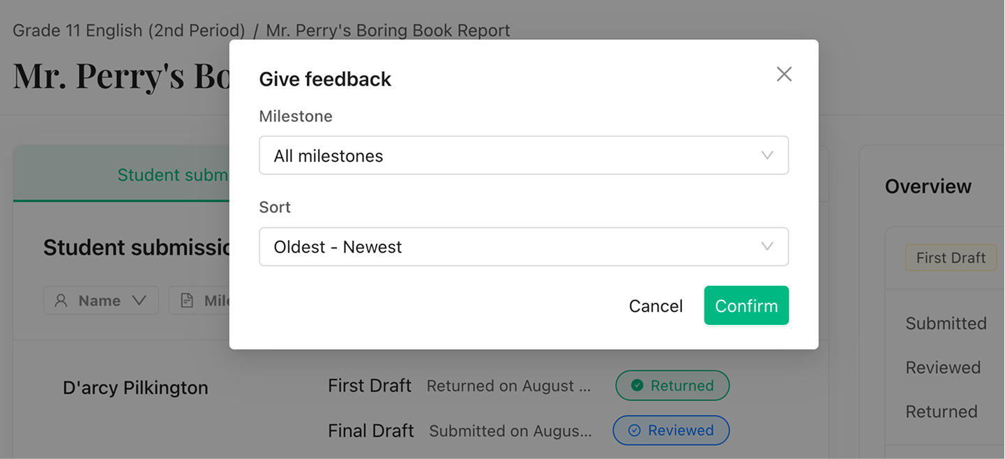 The Give feedback dialog with a milestone picker and a sort order picker