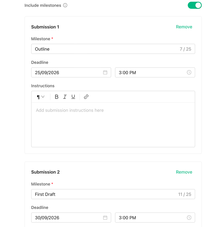 The milestones section of the assignment form, with Submission 1 named Outline and Submission 2 named First Draft