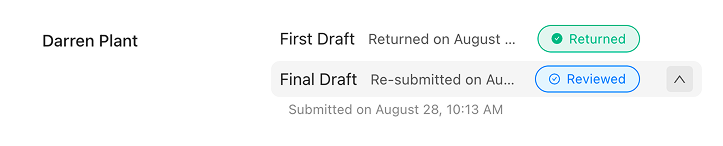 A student row in the submissions table expanded to show the previous submission nested beneath the re-submission