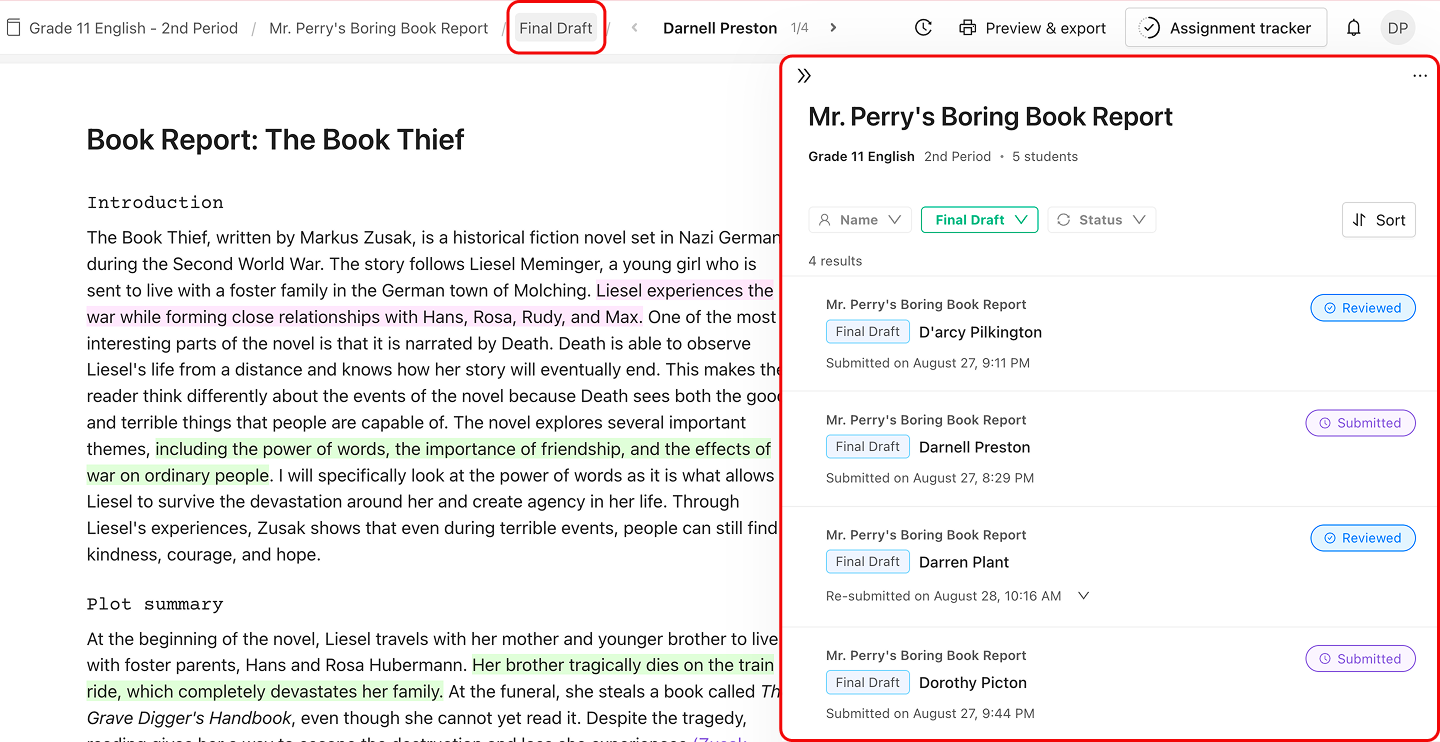 The submission panel filtered by milestone, listing every student's Final Draft
