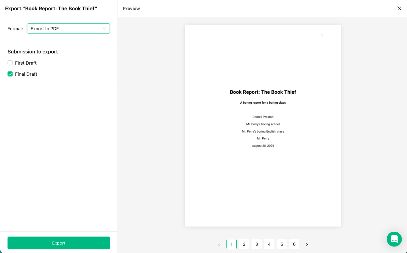 The Preview and export screen showing a formatted title page beside format and milestone options