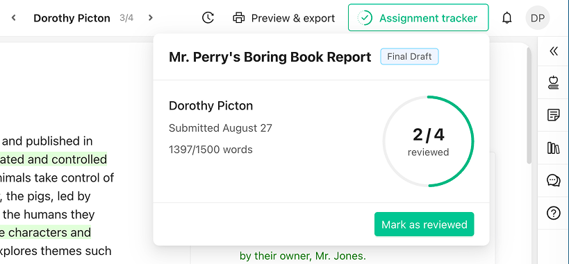 The assignment tracker showing a student, their word count and a progress ring, with a Mark as reviewed button