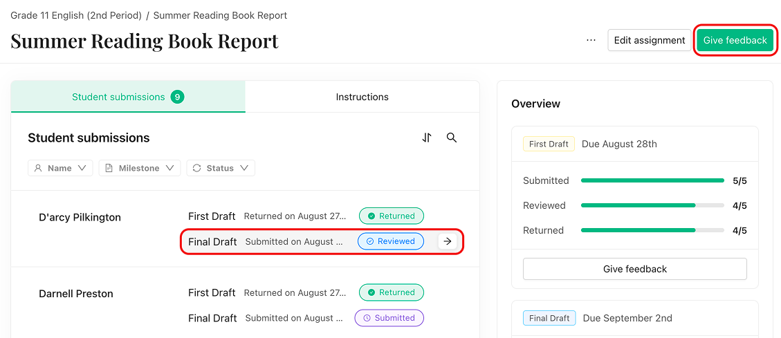 An assignment page with a student's submission row highlighted and the Give feedback button highlighted