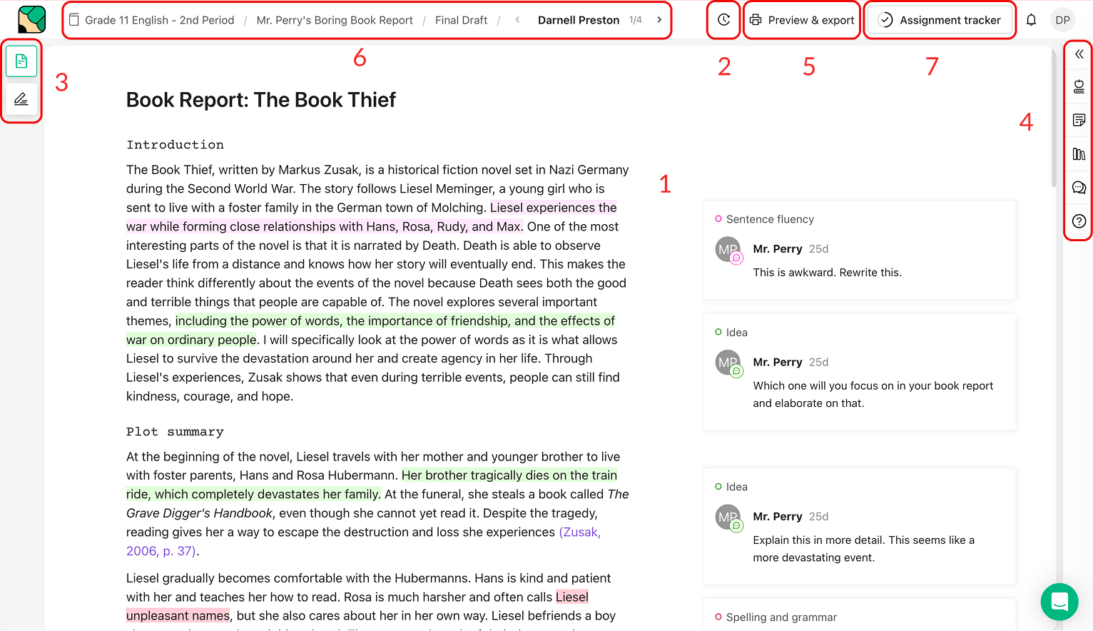 The submission viewer with the student's essay in the middle, comments alongside it, and toolbars on both sides, with seven numbered callouts