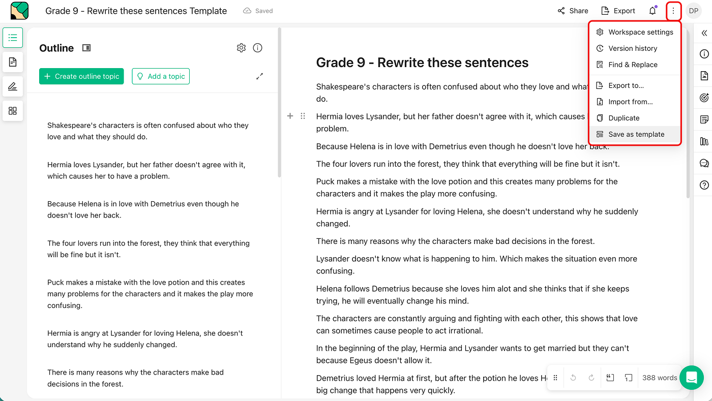 A document of deliberately weak sentences open in the editor, with the three dot menu showing Save as template
