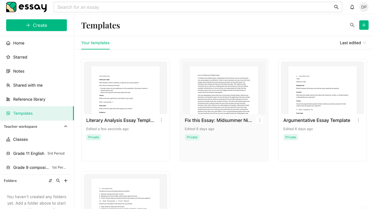 The Templates page showing saved template cards